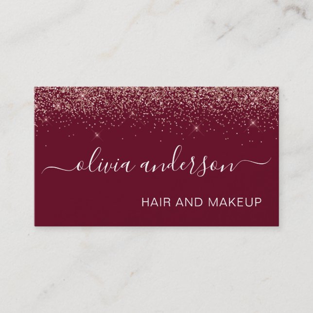 Ro Guld och Burgundy Glitter Hair Makeup Salon Visitkort (Framsida)