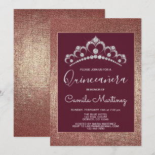 Ro Guld och Burgundy Quinceanera med Tiara Inbjudningar
