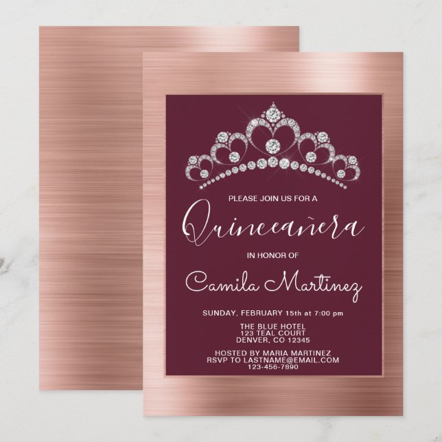 Ro Guld och Burgundy Quinceanera med Tiara Inbjudningar (Fram/baksida)