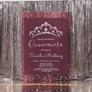 Ro Guld och Burgundy Quinceanera med Tiara Inbjudningar