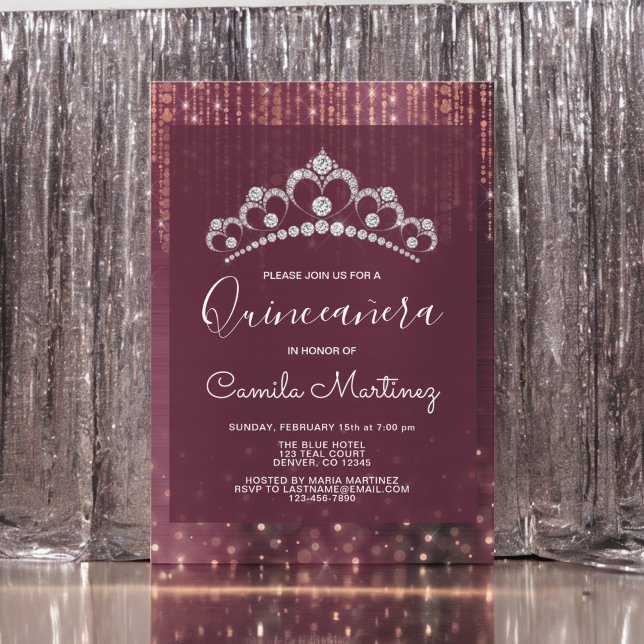 Ro Guld och Burgundy Quinceanera med Tiara Inbjudningar (Skapare uppladdad)