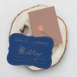 Ro Guld och Navy Blue Elegant Script Bröllop Inbjudningar