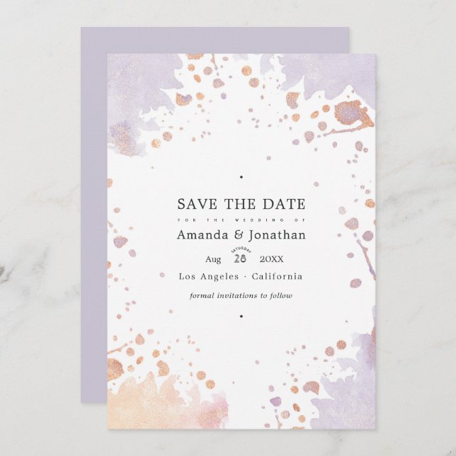 Ro Guld och Pastel Lila Paint Splatter Bröllop Spara Datumet (Fram/baksida)