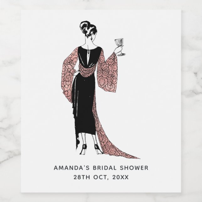 Ro Guld och  Rosa Art Deco Vin Vinflaska Etikett (Singel etikett)