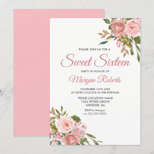 Ro Guld och Rosa Blommor Söta 16 Party Inbjudan