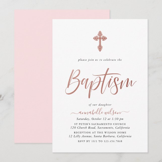 Ro Guld och Rosa Flickbaptism Inbjudningar (Fram/baksida)