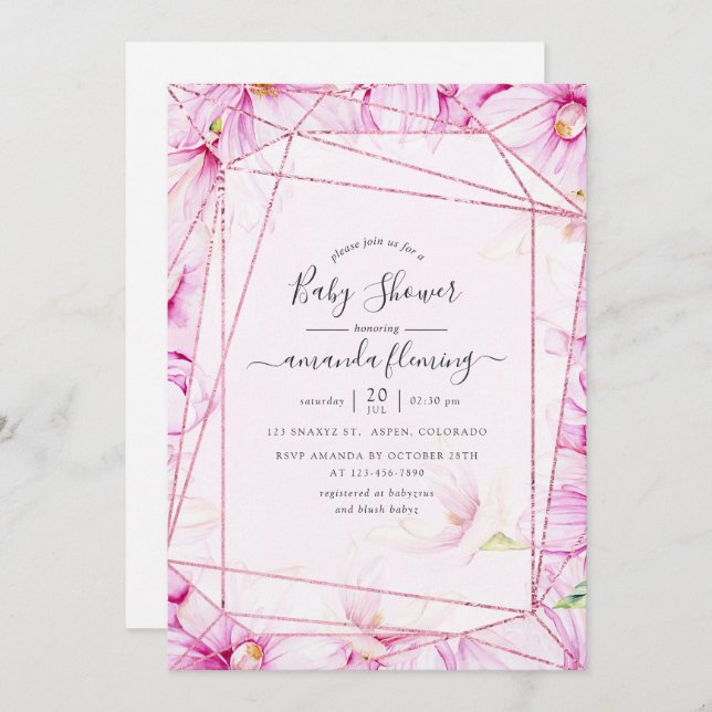 Ro Guld och Rosa Magnolia Geometric Baby Shower Inbjudningar (Fram/baksida)