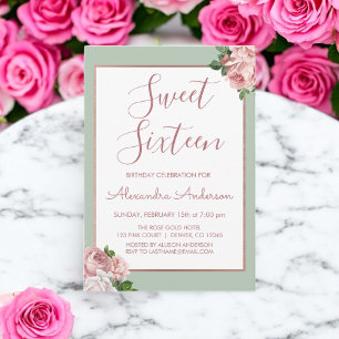 Ro Guld och Sage Blommigt Sweet sixteen Birdag Inbjudningar