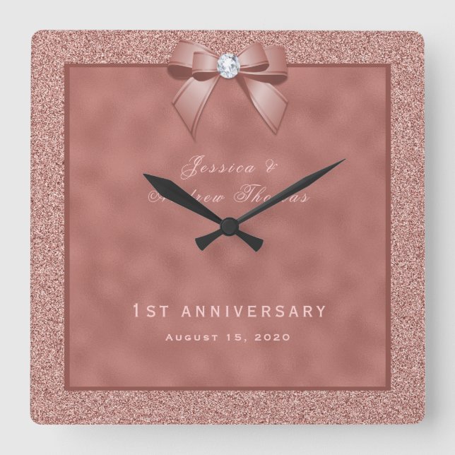 Ro Guld och Snyggt Glitter 1:a Bröllop Fyrkantig Klocka (Framsida)