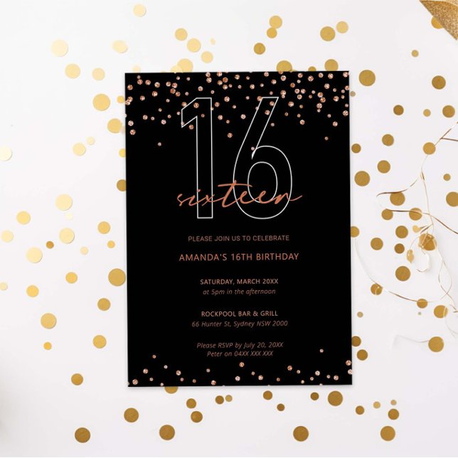 Ro guld och svart glitter gnistra 16 födelsedag inbjudningar (Skapare uppladdad)
