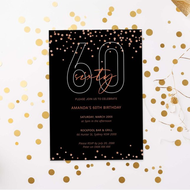 Ro guld och svart glitter gnistra 60-årsdagen inbjudningar (Skapare uppladdad)