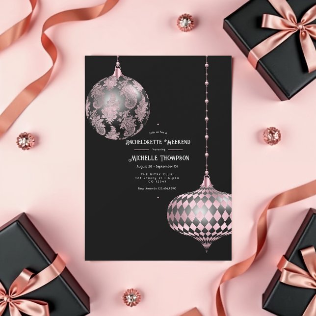 Ro Guld,  och svarta julgransgranorette Inbjudningar (Rose Gold and Blush Christmas Bachelorette Party Invitation)