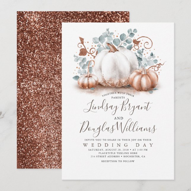 Ro Guld och vit pumpor Rustic Fall Wedding Inbjudningar (Fram/baksida)