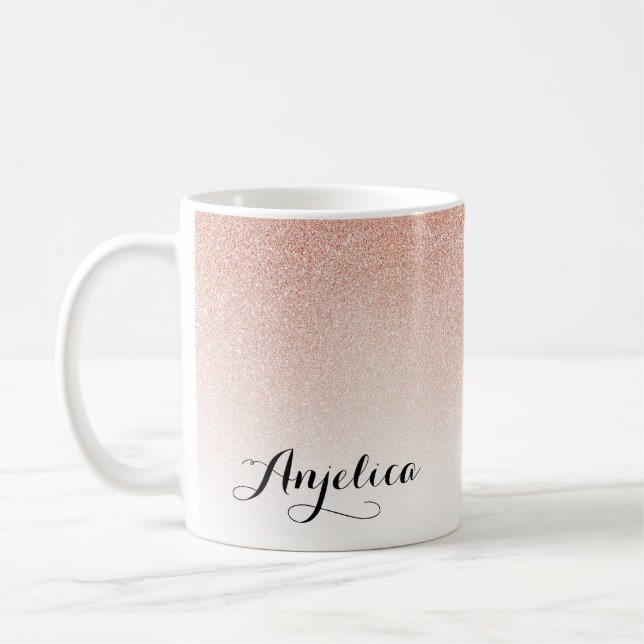 Ro Guld Ombre Faux Glitter Namn Rosa Coffee Mugg (Vänster)