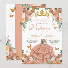 Ro Guld Peach Princess Butterfly Quinceanera Inbjudningar