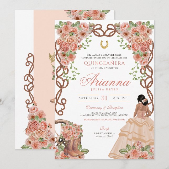 Ro Guld Peach Rosa Western Charro Quinceañera Inbjudningar (Fram/baksida)