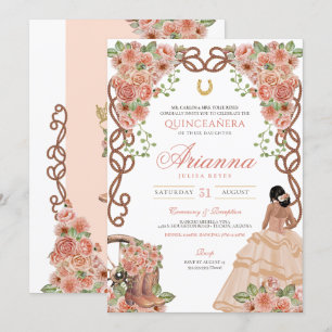 Ro Guld Peach Rosa Western Charro Quinceañera Inbjudningar