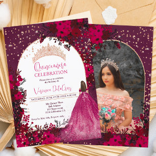 Ro guld plum blommigt tiara princess Quinceanera Inbjudningar