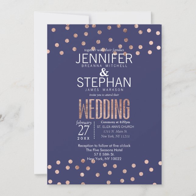 Ro Guld Polka dots Light Navy Blue Bröllop Inbjudningar (Framsida)