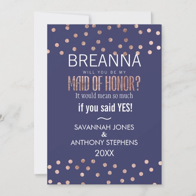 Ro Guld Polka dots Light Navy Blue Maid of honor Inbjudningar (Framsida)