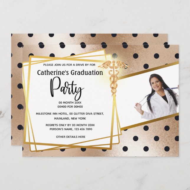 Ro guld polka punkt DIY foto caduceus studenten Inbjudningar (Fram/baksida)