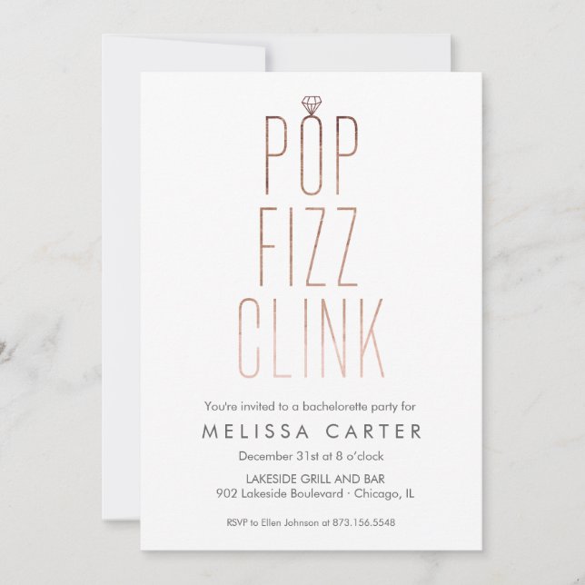 Ro Guld Pop Fizz Clink Bachelorette Faux Foil Inbjudningar (Framsida)