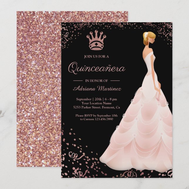 Ro Guld Princess Dress Black Quinceanera Inbjudningar (Fram/baksida)