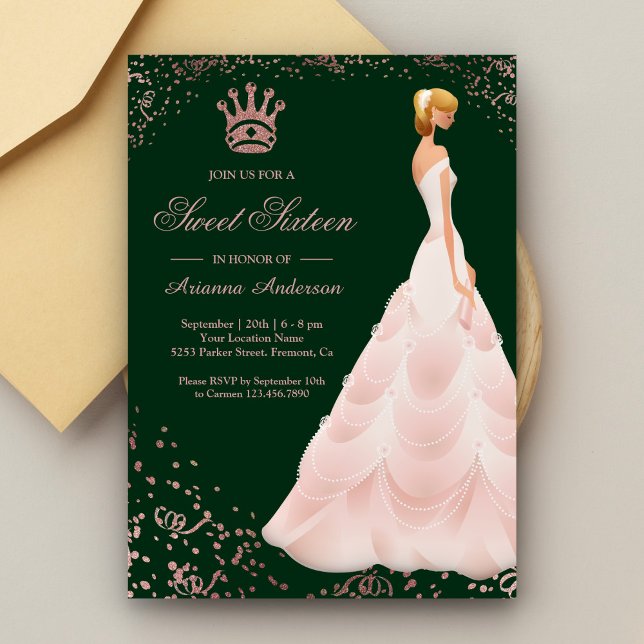 Ro Guld Princess Grönt Sweet sixteen Inbjudningar (Skapare uppladdad)