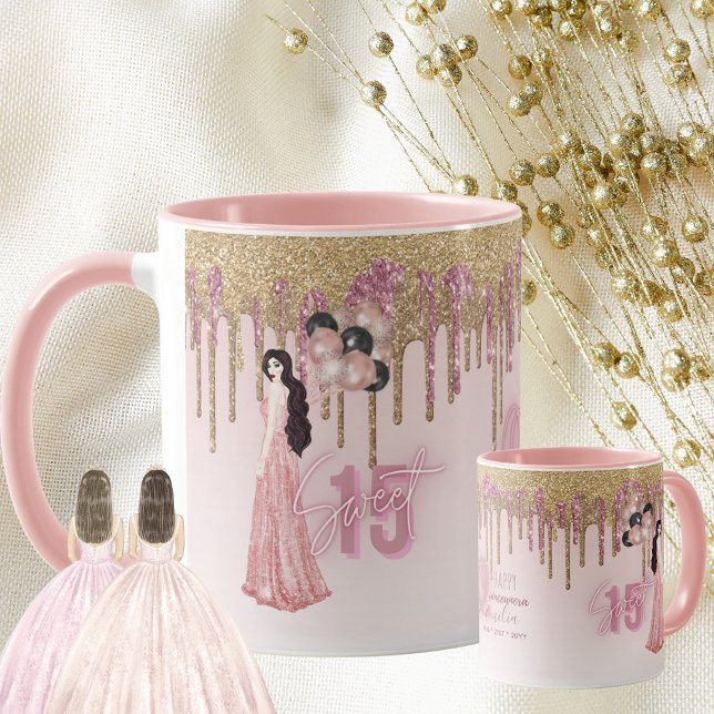 Ro Guld Quinceanera Anpassningsbar Gift Black Hair Mugg (Skapare uppladdad)