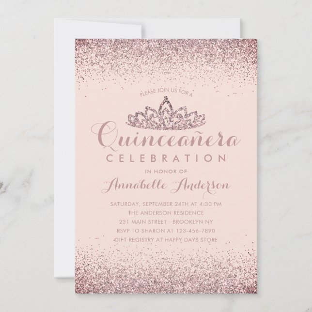 Ro Guld  Quinceañera Guld Tiara Glitter Inbjudningar (Framsida)