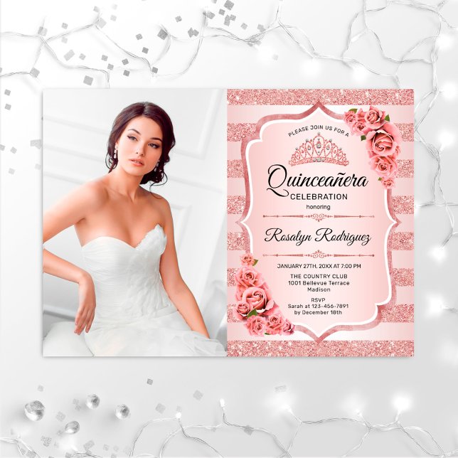 Ro Guld Quinceanera med foto Inbjudningar (Skapare uppladdad)