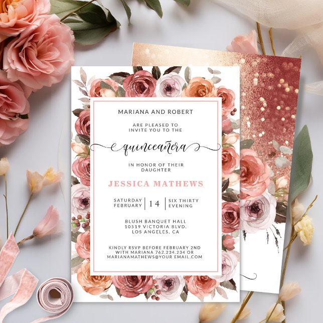 Ro Guld Quinceañera med Rosa och  Blommigt Inbjudningar (Skapare uppladdad)