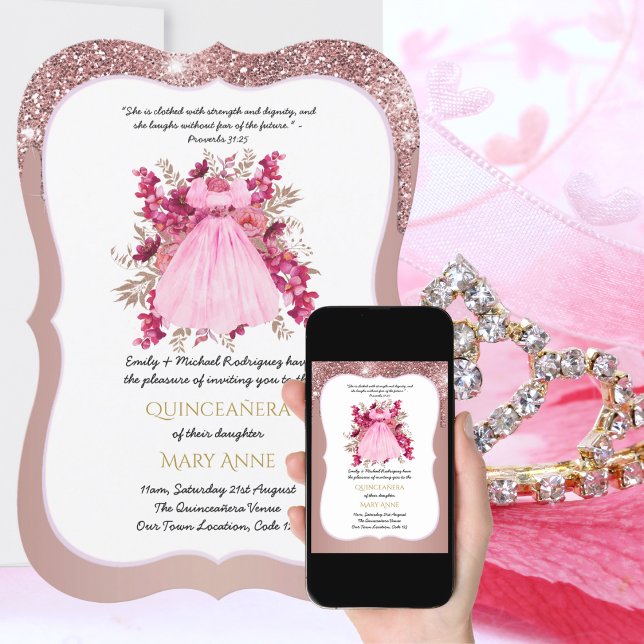 Ro Guld Quinceañera Rosa Blommigt Elegant  Inbjudningar (Skapare uppladdad)