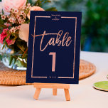 Ro guld ram, manusblått bordsnummer<br><div class="desc">ro Guld typografi på anpassadets marinblått ro guld halva ram och faux ro guld geometric rand chic bordsnummer bröllop perfekt elegant   ,   för ,  strandbröllop.</div>