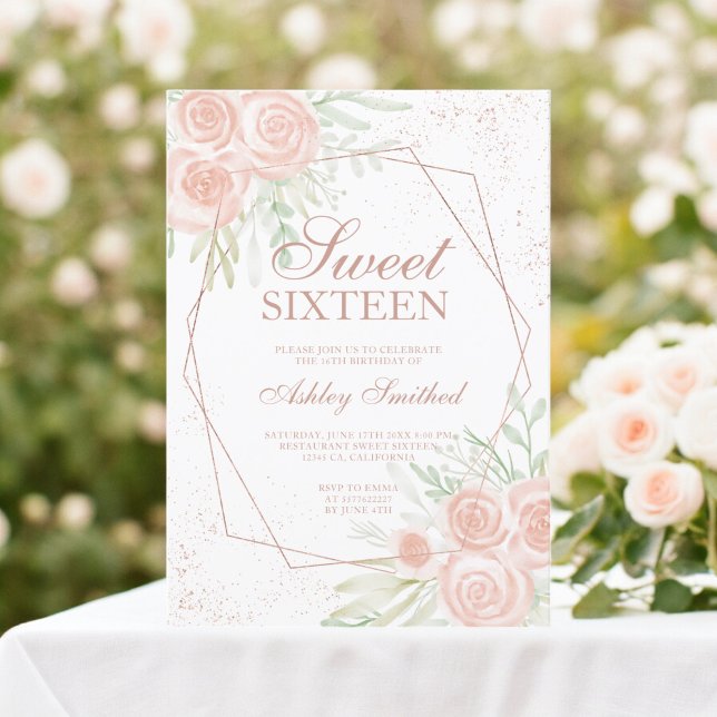 Ro guld ram rosa blommigt vattenfärg Söt 16 Inbjudningar (Rose gold frame pink floral watercolor Sweet 16 Invitation)