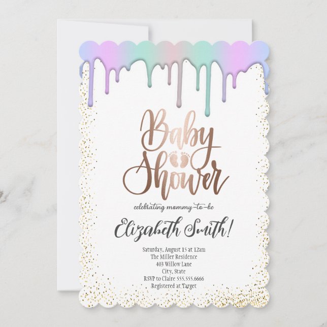 Ro guld, regnbåge, färgad stjärnor Baby Shower Inv Inbjudningar (Framsida)