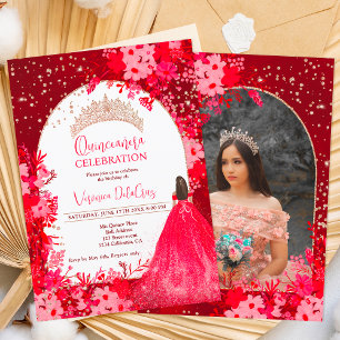 Ro-guld-röd blommigt tiara princess Quinceanera Inbjudningar