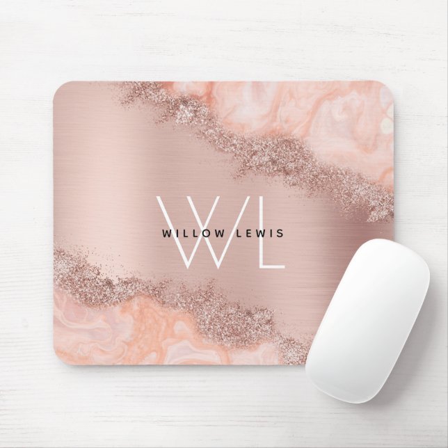 Ro Guld  Rosa  Agate Geode Glitter Monogram Musmatta (Med mus)