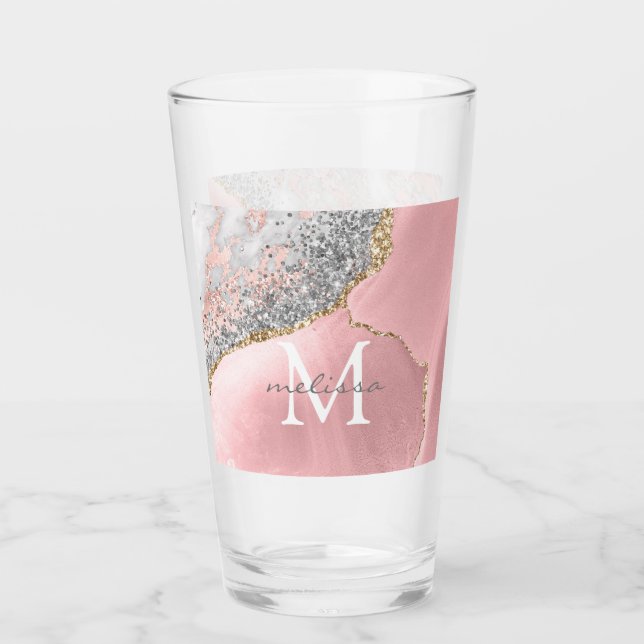 Ro Guld Rosa Agate Glitter Marble Monogram Namn Glaskopp (Framsida)