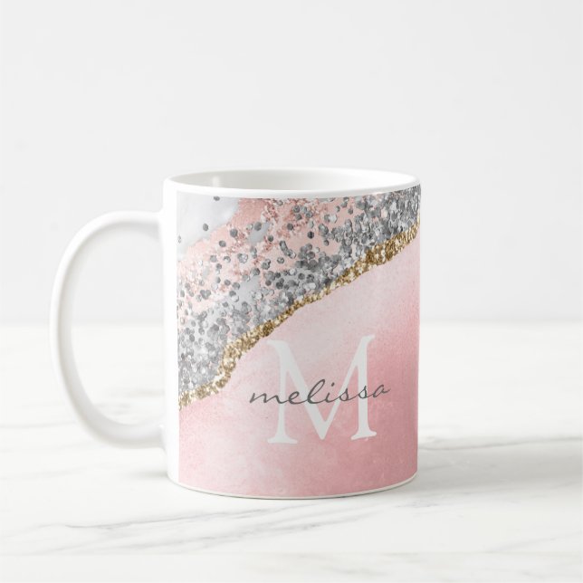 Ro Guld Rosa Agate Glitter Marble Monogram Namn Kaffemugg (Vänster)