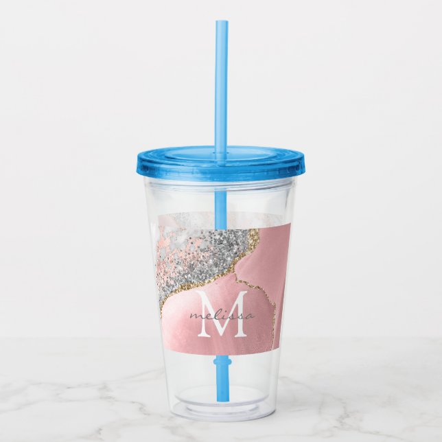 Ro Guld Rosa Agate Glitter Marble Monogram Namn  Take Away Mugg (Framsida)