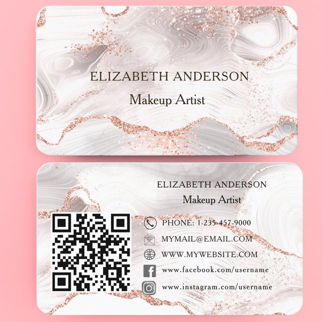 Ro guld rosa agate marble QR code social media Visitkort (Skapare uppladdad)