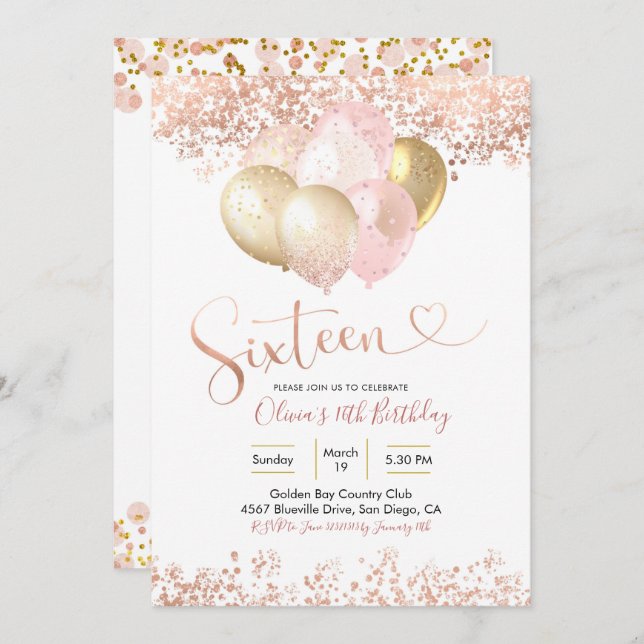 Ro Guld Rosa Balloon Sexton Födelsedagsfester Inbjudningar (Fram/baksida)