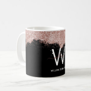 Ro Guld Rosa Black Girly Glitter Dust Monogram Kaffemugg