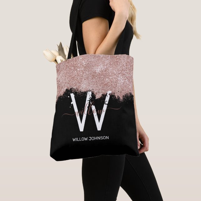 Ro Guld Rosa Black Girly Glitter Dust Monogram Tygkasse (Närbild)