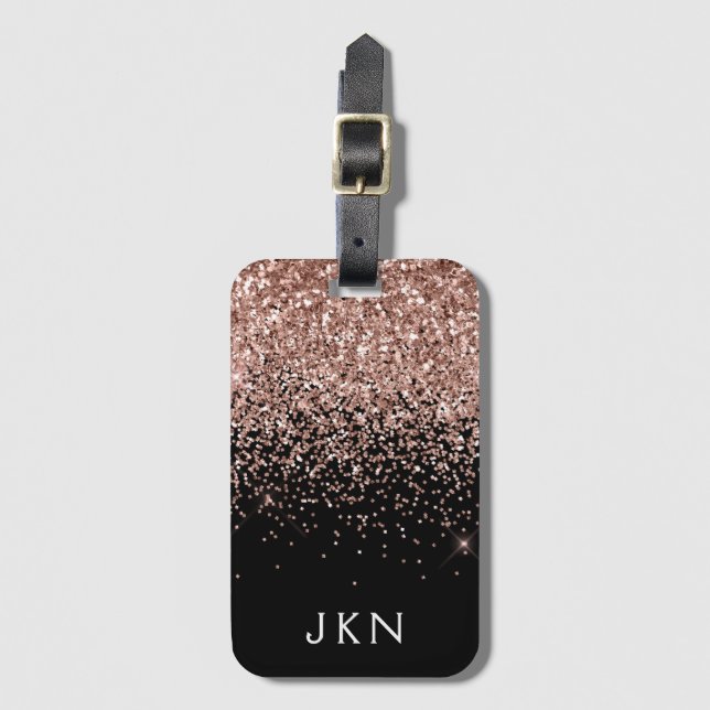 Ro Guld  Rosa Black Glitter Monogram Bagagebricka (Framsida vertikal)