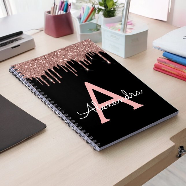 Ro Guld -  Rosa Black Glitter Monogram Namn Anteckningsbok (Skapare uppladdad)