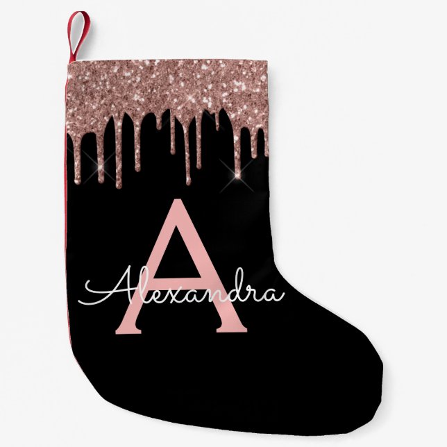 Ro Guld -  Rosa Black Glitter Monogram Namn Liten Julstrumpa (Framsidan)
