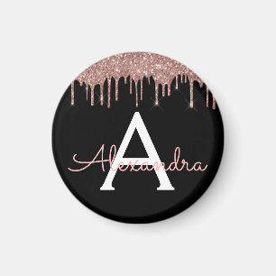Ro Guld -  Rosa Black Glitter Monogram Namn Magnet