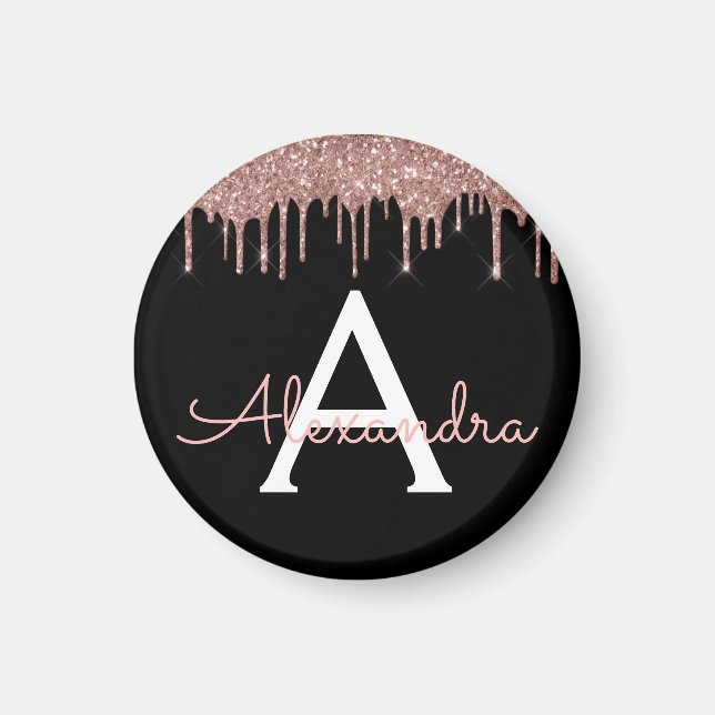 Ro Guld -  Rosa Black Glitter Monogram Namn Magnet (Framsidan)